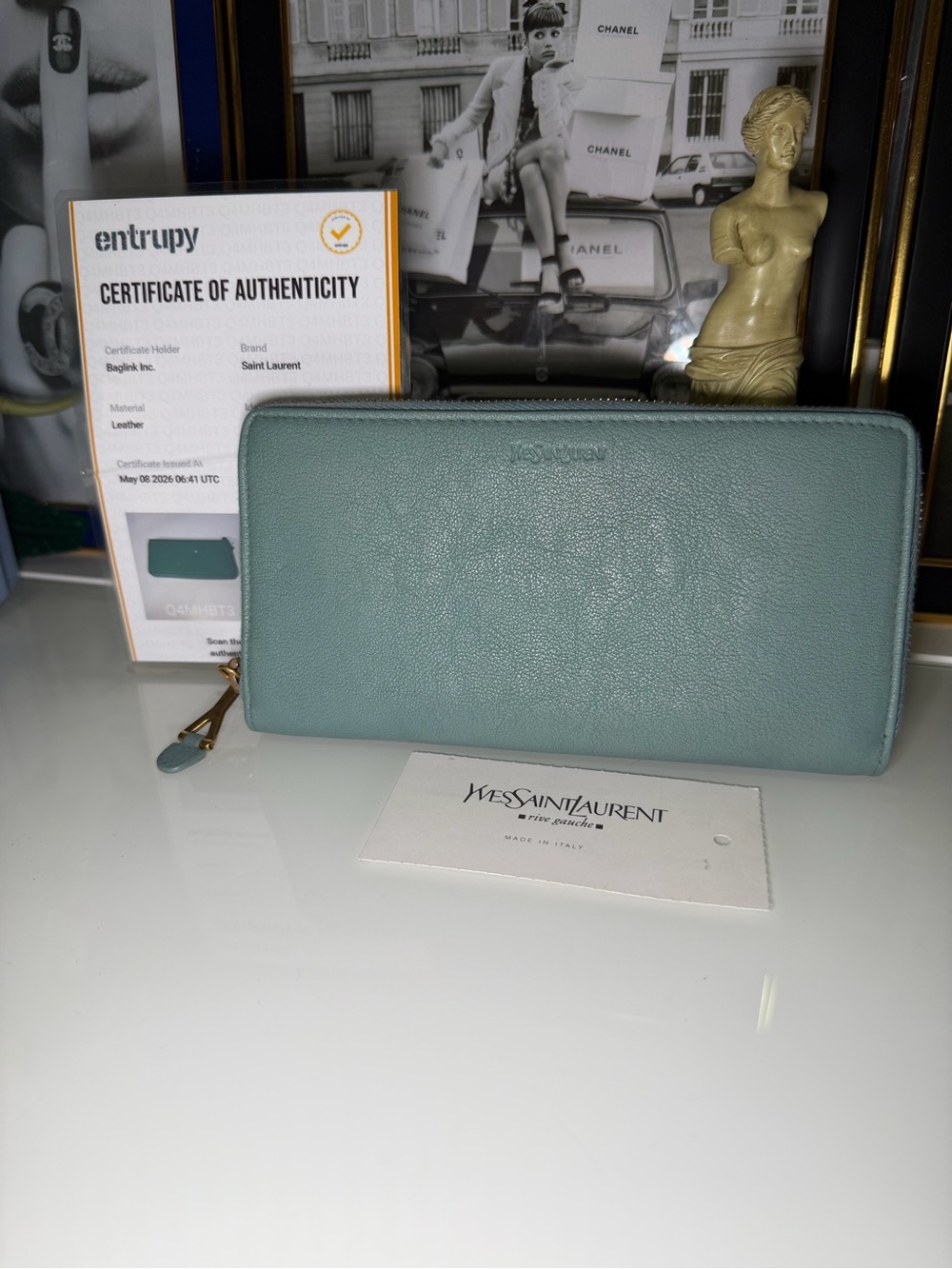 Authentic YSL sage green/blue leather zip around Long wallet with COA.